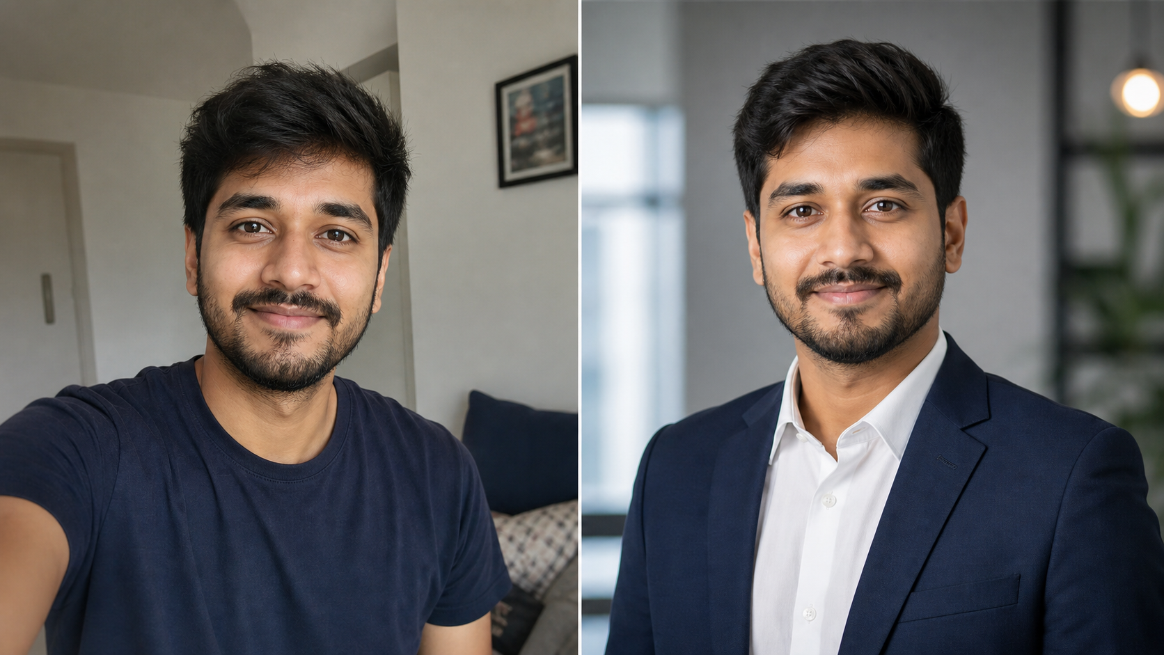 A useful AI LinkedIn headshot should look like you on a professional day, not a different person. Before and after AI LinkedIn headshot prompt example turning a casual selfie into a professional headshot while preserving identity.