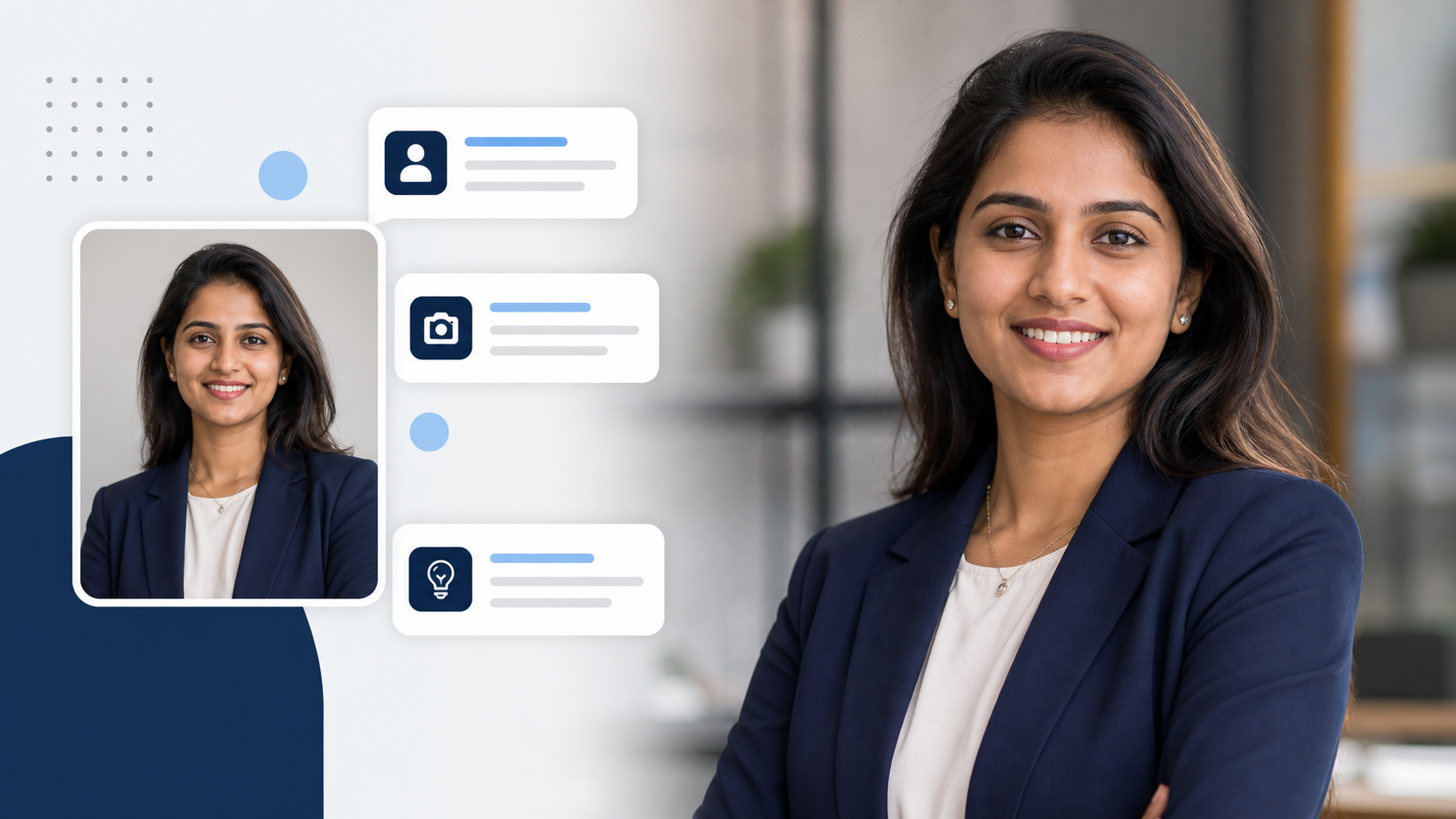 For women, be specific about professional styling so the result does not become overly glamorous or generic. Professional LinkedIn headshot prompt for women showing an Indian woman in a navy blazer with natural skin texture and prompt cards.