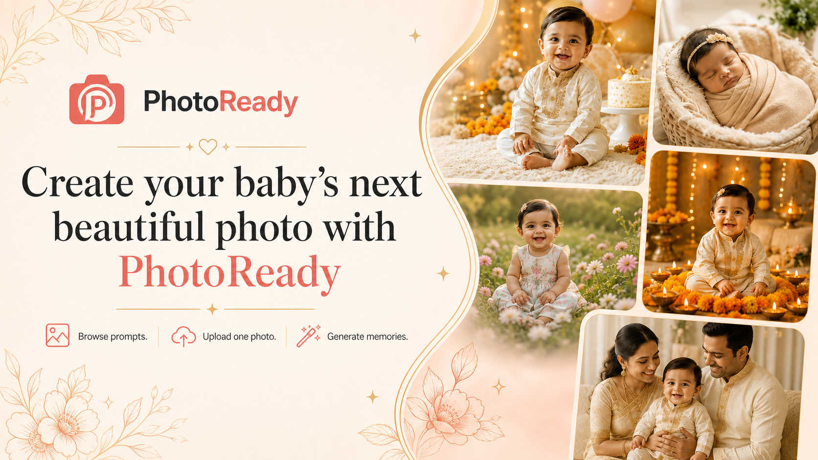 PromptKosh branded banner encouraging Indian parents to create beautiful AI baby photos with prompts and one uploaded photo.